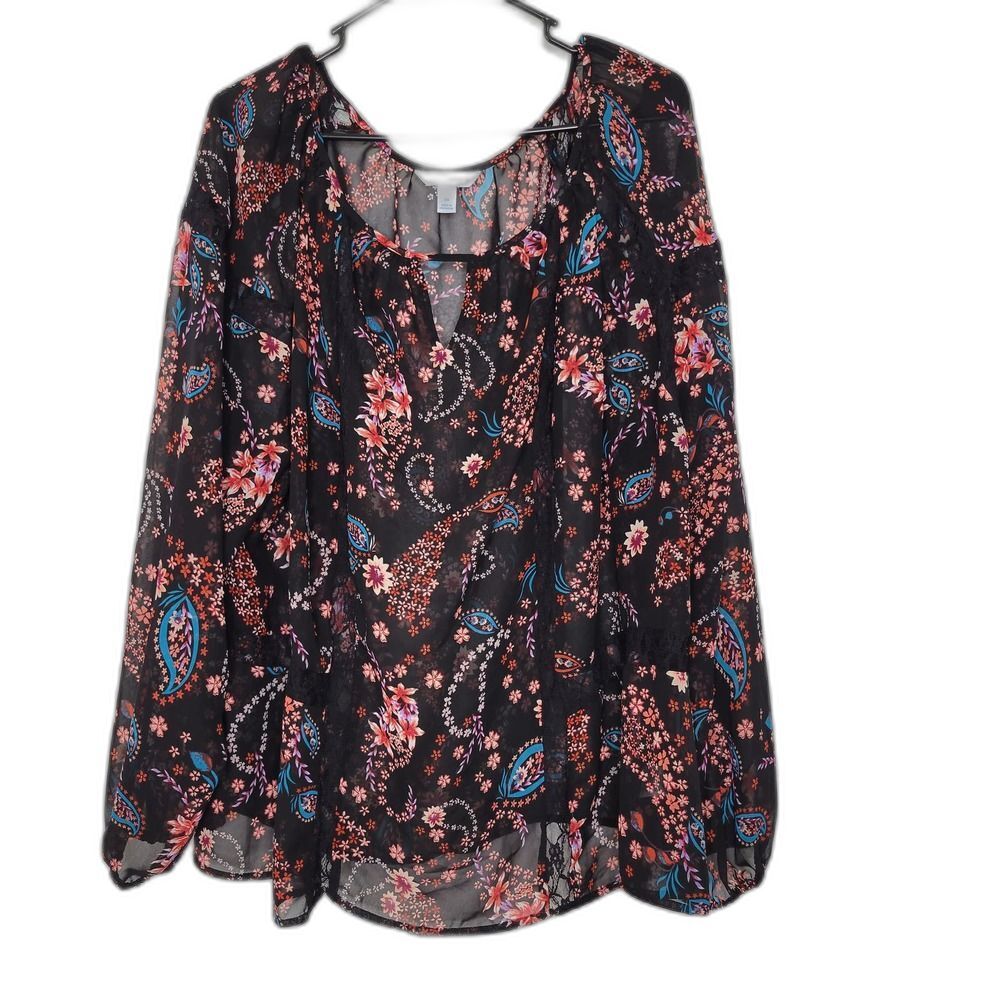 Boutique Plus Sheer Lace Detail Paisley Floral Print Long Sleeve Blouse Size 3X